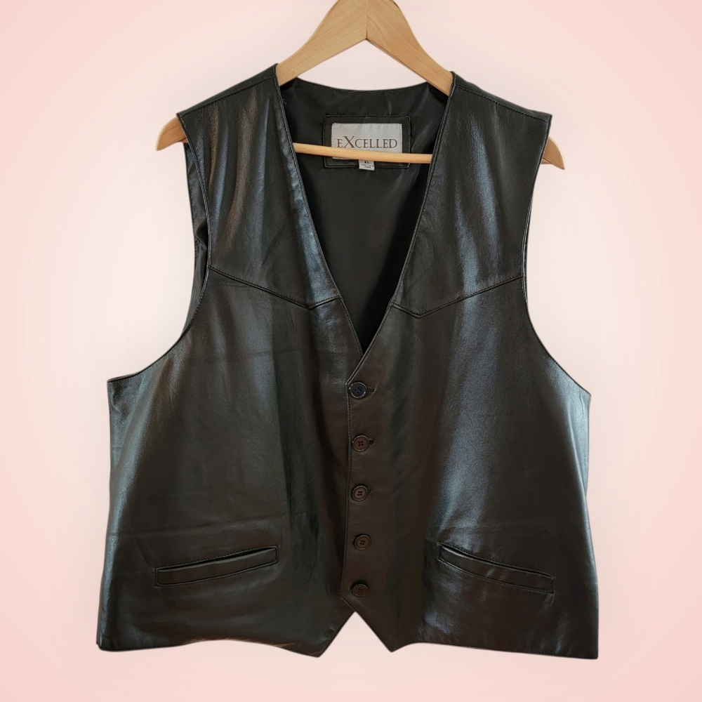 Excelled‎ Lambskin Leather Vest Black Mens XL Button Front Moto Biker Classic
